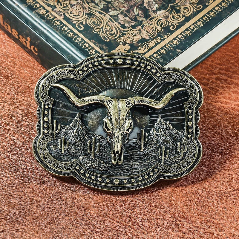 YOQUCOL American Western Cowboy Belt Buckle Bronze Longhorn Bull Head Belt Buckle For Men - Image 5